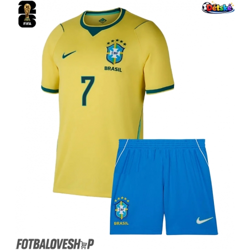 Brazílie Vinicius Junior #7 Dětské Domácí Dres MS 2026 Krátký Rukáv (+ trenýrky)