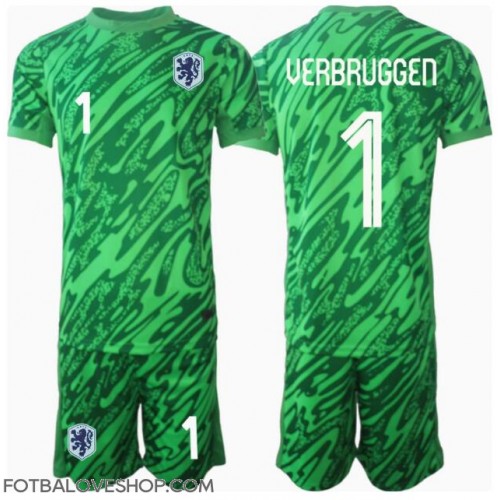 Holandsko Bart Verbruggen #1 Brankářské Dětské Domácí Dres ME 2024 Krátký Rukáv (+ trenýrky)